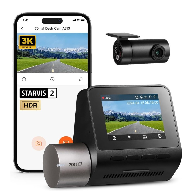 70mai A510 HDR 3K Dual Channel Dash Cam, STARVIS 2 IMX675 Sensor, ADAS, Built-in GPS Logger, Route Recorderr