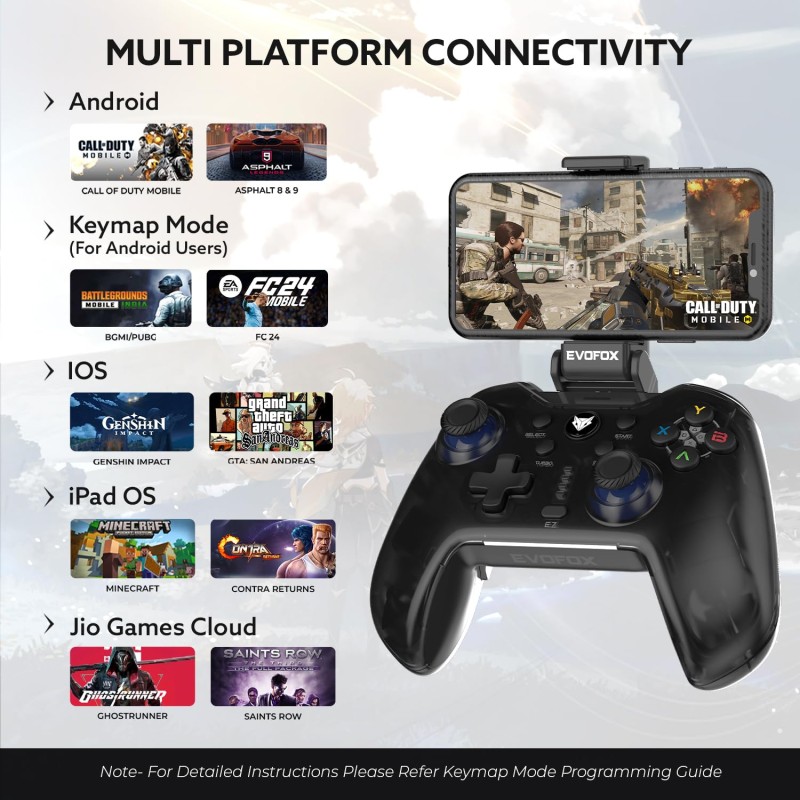 EvoFox Go Smartphone Bluetooth Gamepad for iPhones, iPads & Android | 2 Macro Back Buttons, Dual Vibration Motors, Turbo Mode, Analog Triggers, High