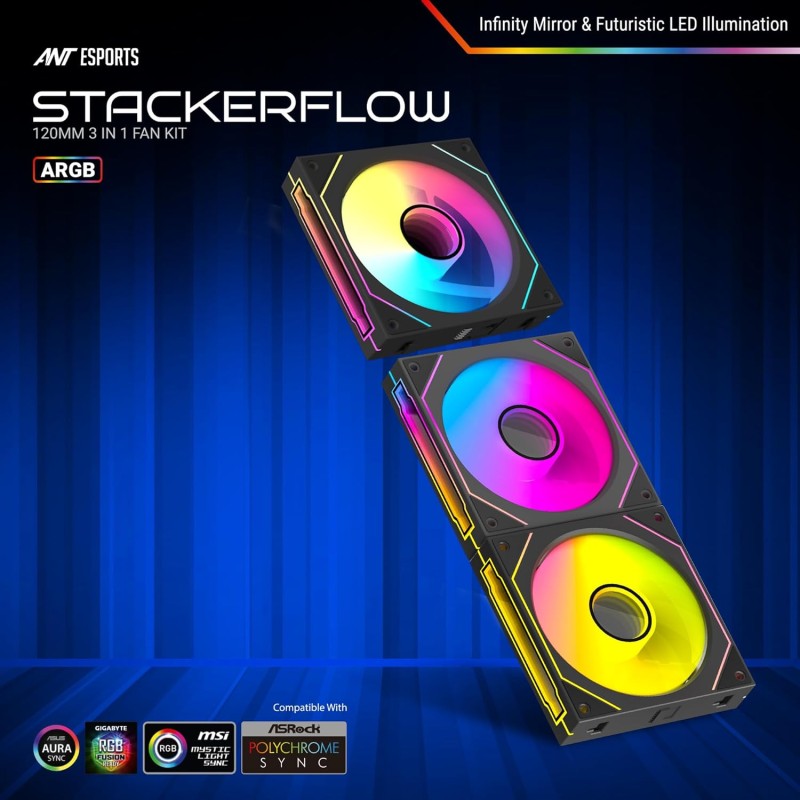 Ant Esports Superflow 120mm 3 IN 1 ARGB Three Dual-Sided ARGB ring light PWM Case Fan Kit - Black, 45.3 CFM Airflow, 1500 RPM