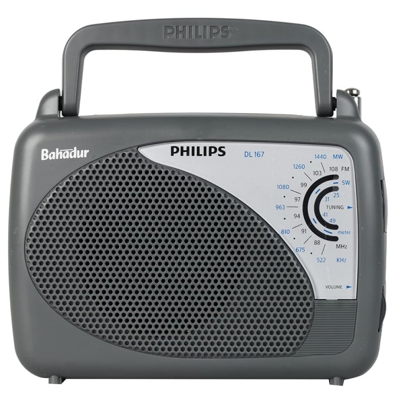 Philips DL167/94 Portable/Hand Carry Radio with MW/SW/FM Bands, Telescopic Aerial, 2xR20 Battery & Optional 3V DC Power, 4? Speaker Impedance, Tuning