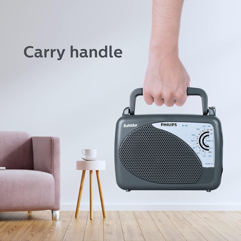 Philips DL167/94 Portable/Hand Carry Radio with MW/SW/FM Bands, Telescopic Aerial, 2xR20 Battery & Optional 3V DC Power, 4? Speaker Impedance, Tuning