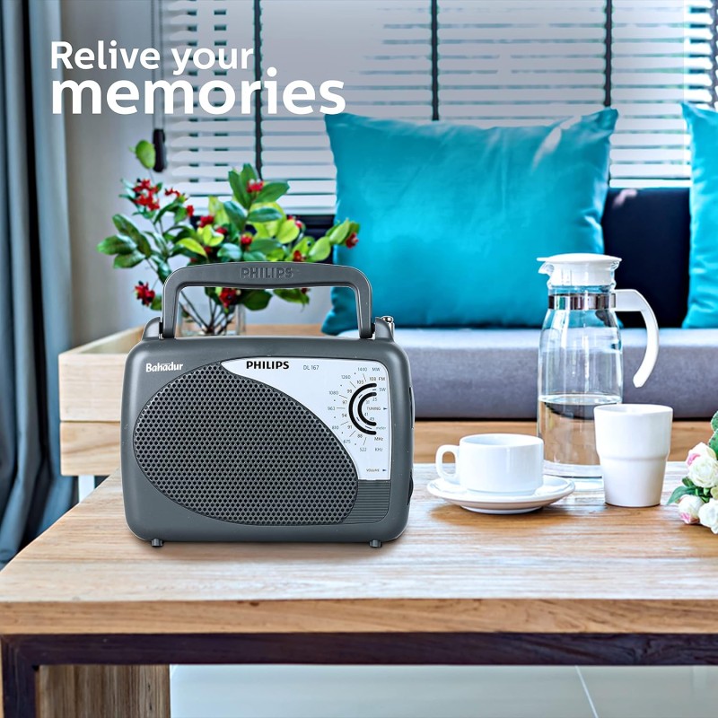 Philips DL167/94 Portable/Hand Carry Radio with MW/SW/FM Bands, Telescopic Aerial, 2xR20 Battery & Optional 3V DC Power, 4? Speaker Impedance, Tuning