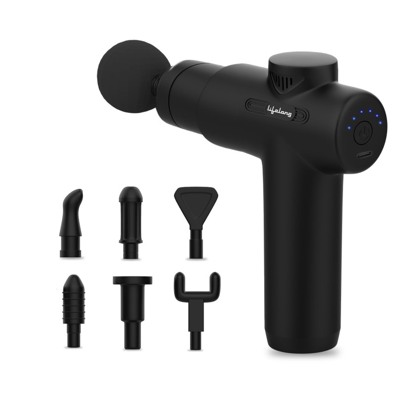 Lifelong LLGM117 Percussion Massage Gun for Pain Relief, Deep Tissue, 6 Speeds & 7 Massage Heads, Cordless, Quiet Operation for Neck, Shoulders, Back