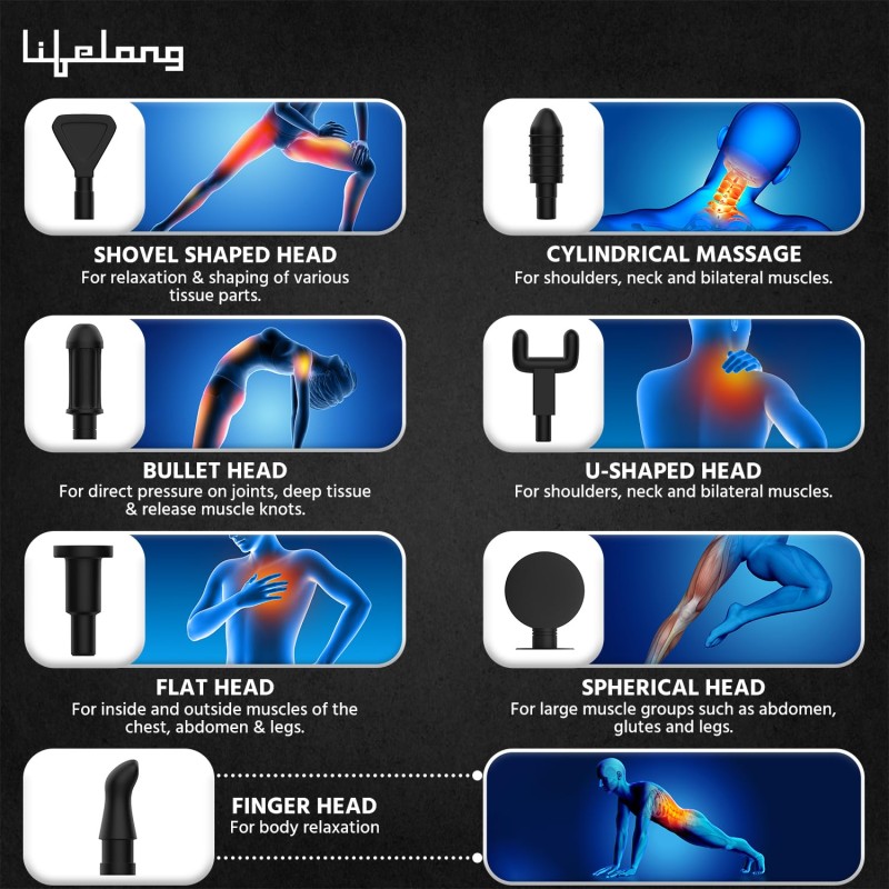 Lifelong LLGM117 Percussion Massage Gun for Pain Relief, Deep Tissue, 6 Speeds & 7 Massage Heads, Cordless, Quiet Operation for Neck, Shoulders, Back
