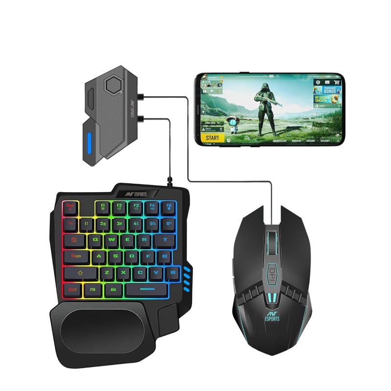 Ant Esports MG401, 4 in 1 Mobile Game Combo Pack with RGB Backlit 35 Keys Mini Gaming Keyboard and Mouse, Phone Holder, Adapter with Mobile Game