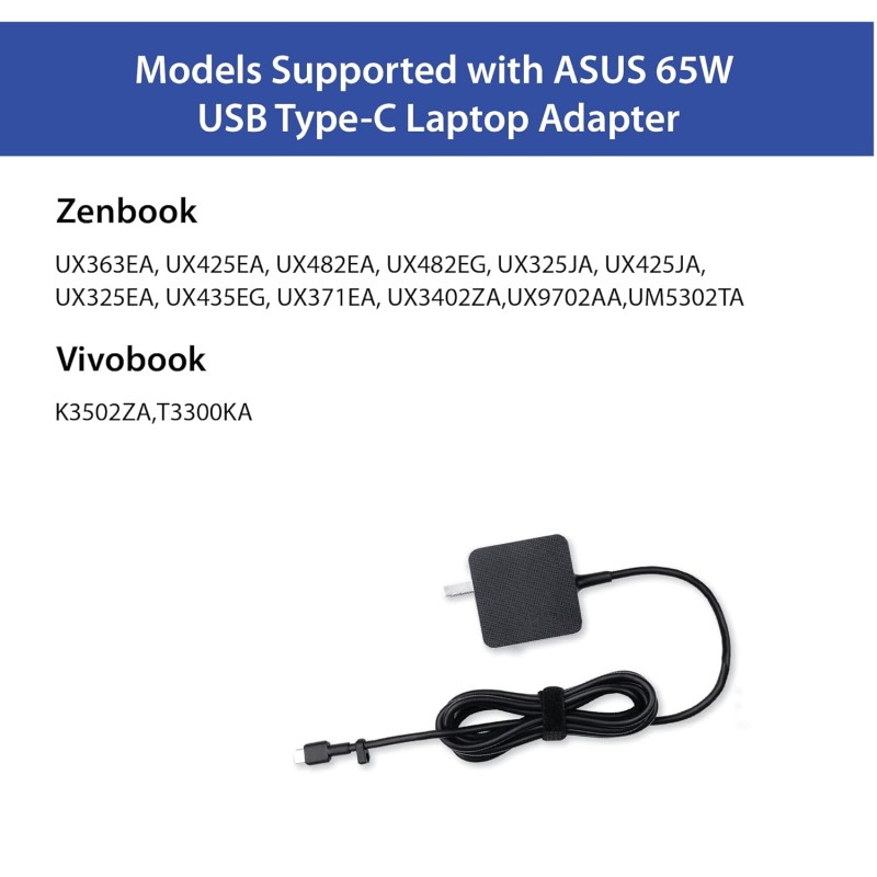 ASUS AC65-00 65W USB Type-C Adapter/Charger Connector, USB PD 3.0 Technology with 5V/3A, 9V/3A, 15V/3A and 20V/3.25A Output for Laptop, Black