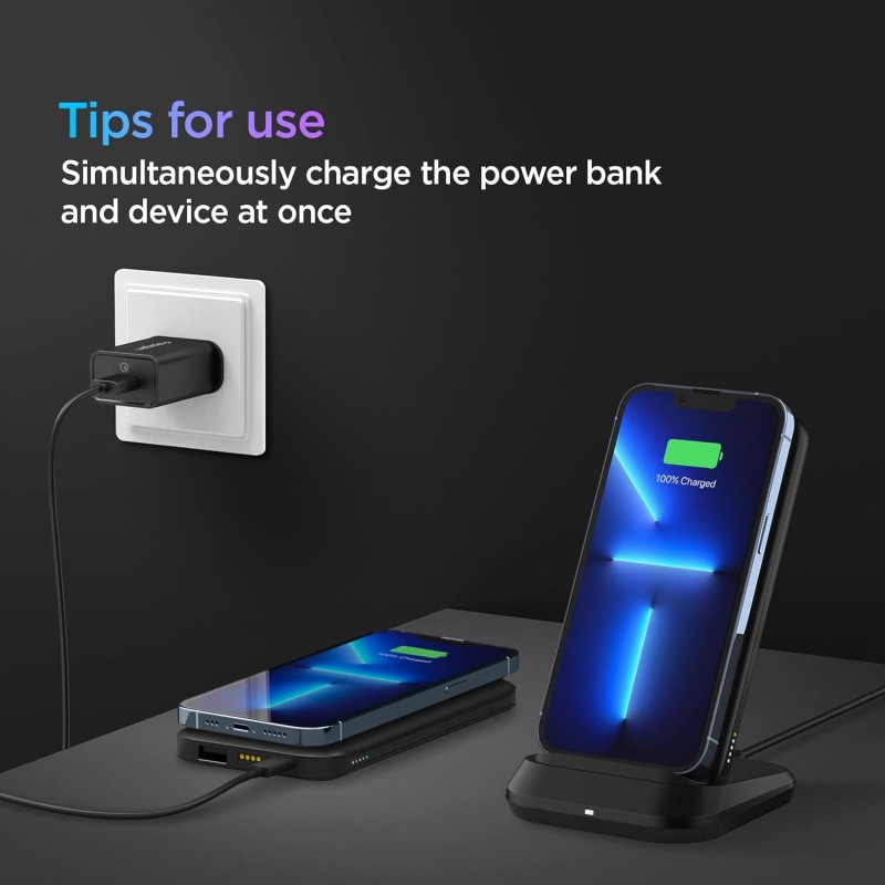 ‎Spigen Spigen Power Bank 10000mAh Fast Charging, 5 in 1 Wireless Power Bank, Wireless AirPods Charger, TWS Charger, Lithium Polymer, Cradle USB-C