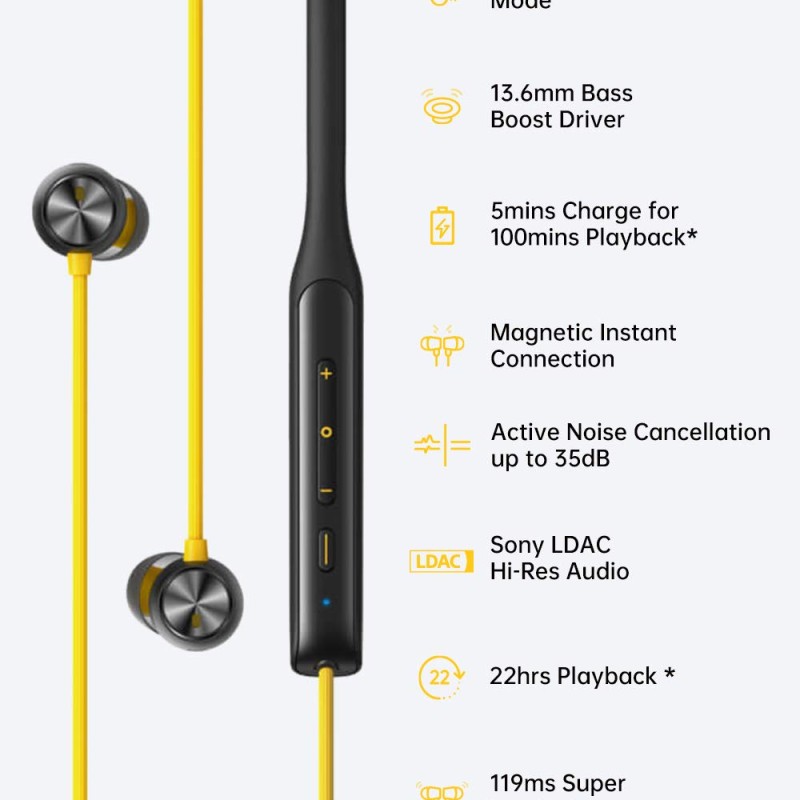 realme Buds Wireless Pro Bluetooth in Ear Earphones with Mic, Fast Charging & Up to 22Hrs Playtime (Yellow) Realme Bud Pro