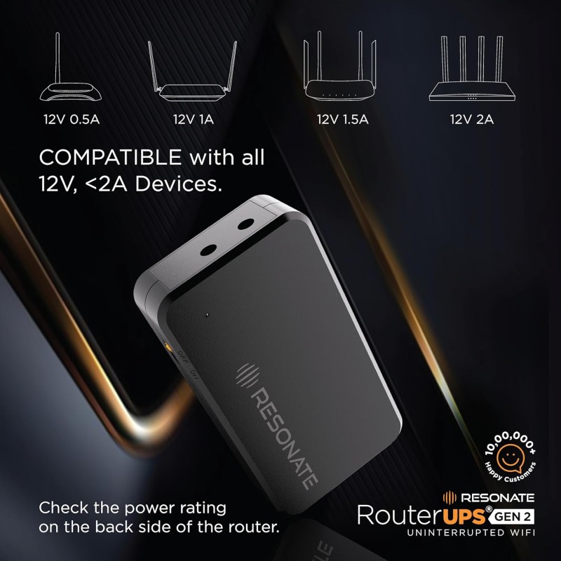 Resonate RouterUPS® Gen2 | Original Router UPS for 12V WiFi Router & Modem (Supports up to 2A) (7800mAh - 95% Longer Power Backup) | Compact Mini UPS