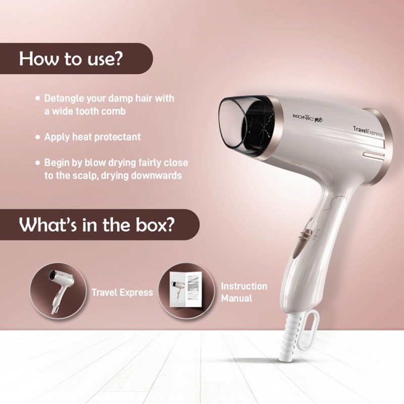 Ikonic Travel Express Foldable Hair Dryer Adustable Two Speed Setting Fast Drying 1400W, Compact Design Travel Friendly, All Hair Type, For Men &