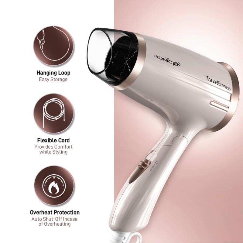 Ikonic Travel Express Foldable Hair Dryer Adustable Two Speed Setting Fast Drying 1400W, Compact Design Travel Friendly, All Hair Type, For Men &