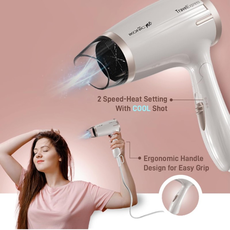 Ikonic Travel Express Foldable Hair Dryer Adustable Two Speed Setting Fast Drying 1400W, Compact Design Travel Friendly, All Hair Type, For Men &