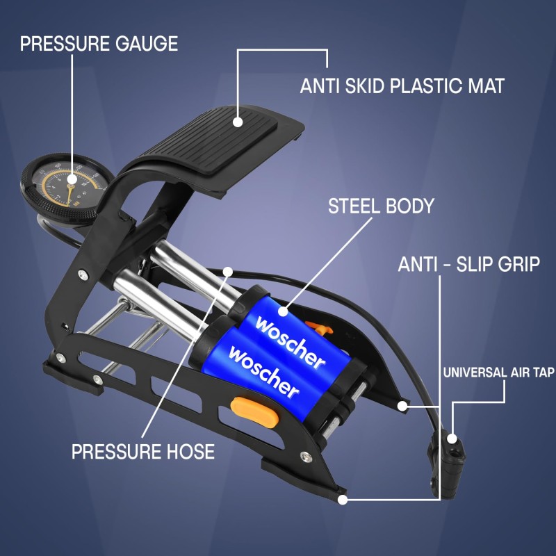 Woscher StepAir+ Double Cylinder Foot Tyre Inflator for Car and Bike, Air Pump 8705M