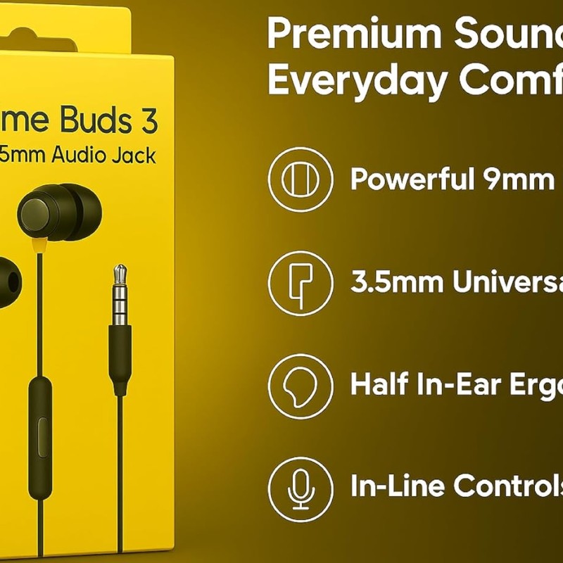 realme Buds 3 Wired Earphones with Mic (Black) | 9mm Dynamic Driver | 3.5mm Jack | Single Button Control | Braided Tangle-Free Cable | Model RMA2419