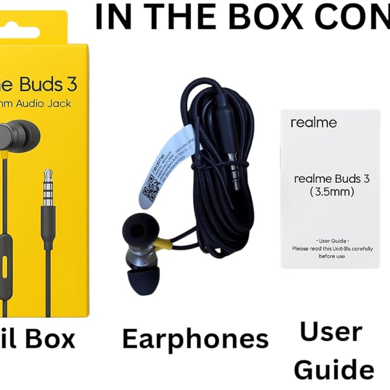 realme Buds 3 Wired Earphones with Mic (Black) | 9mm Dynamic Driver | 3.5mm Jack | Single Button Control | Braided Tangle-Free Cable | Model RMA2419