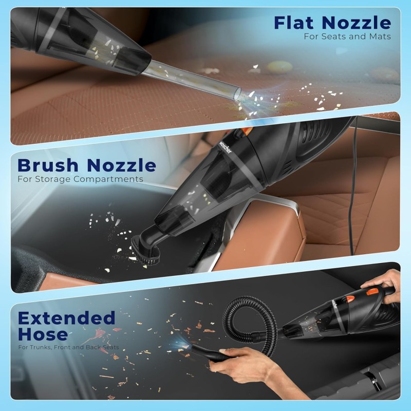 WOSCHER AutoVac Pro High Power Auto Car Vacuum Cleaner for Deep Cleaning, Hand Held Portable Car Vacuum Black 140W Wired Car Vacuum
