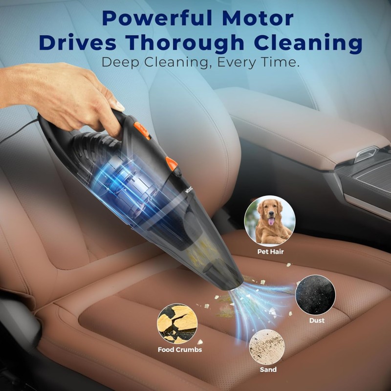 WOSCHER AutoVac Pro High Power Auto Car Vacuum Cleaner for Deep Cleaning, Hand Held Portable Car Vacuum Black 140W Wired Car Vacuum