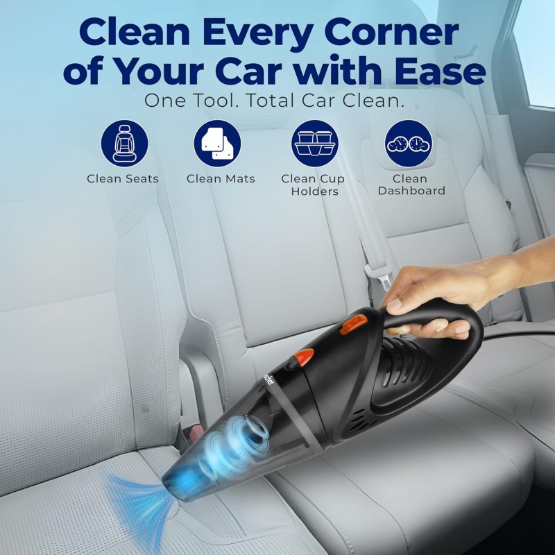 WOSCHER AutoVac Pro High Power Auto Car Vacuum Cleaner for Deep Cleaning, Hand Held Portable Car Vacuum Black 140W Wired Car Vacuum