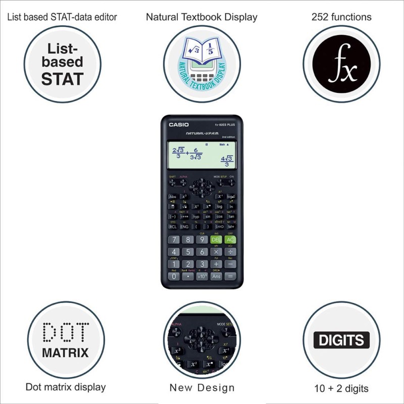 Casio FX-82ES Plus 2nd Edition - Non-Programmable Scientific Calculator, 252 Functions ‎FX-82ES PLUS-2nd Edition