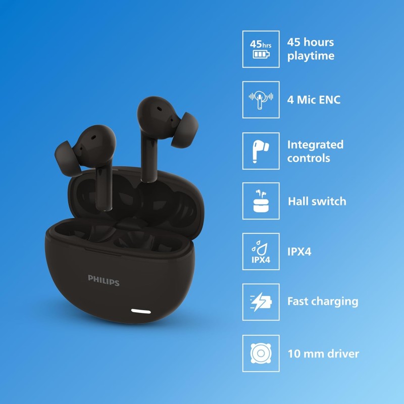 Philips Audio TAT1179BK/94 True Wireless in Ear Earbuds with Pocket Sized Charging (Black)