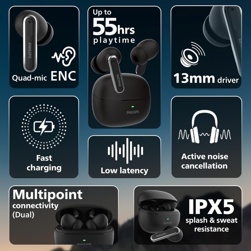 Philips TAT1150BK/94 Premium Wireless Earbuds with ANC, Quad Mic ENC, Up to 55 Hr Playtime (Deep Black)