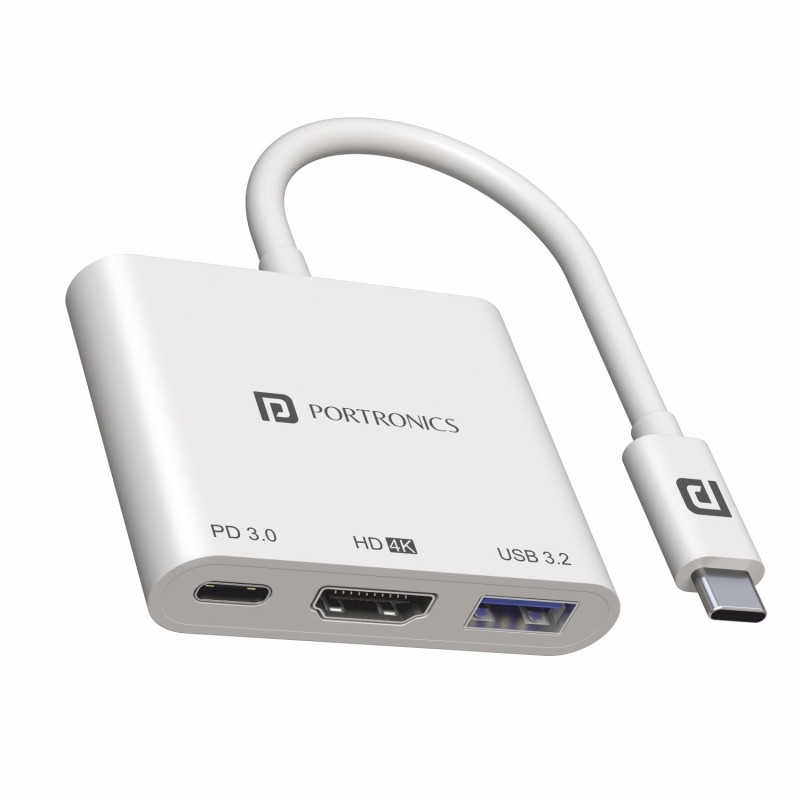 Portronics C-Konnect Type C to HDMI Adapter (3-in-1), Multiport USB C Hub with 4K@30Hz (White) POR-1041