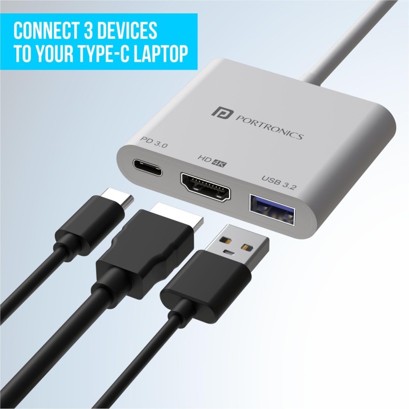Portronics C-Konnect Type C to HDMI Adapter (3-in-1), Multiport USB C Hub with 4K@30Hz (White) POR-1041