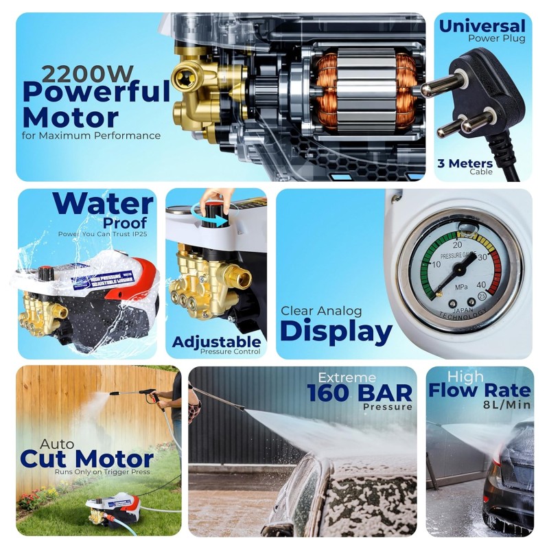 Woscher AquaWash+ Car Washer, Adjustable High Pressure Gun, Washing Pump for Car, Bike and Home Use Cleaning 280