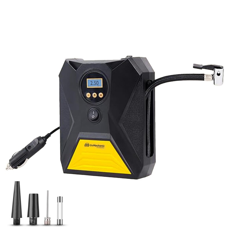 GoMechanic Gusto Digital Tyre Inflator for Cars & Bikes | 150 PSI | 12V DC Portable Air Pump for Tyres with Auto Shut Gusto T10
