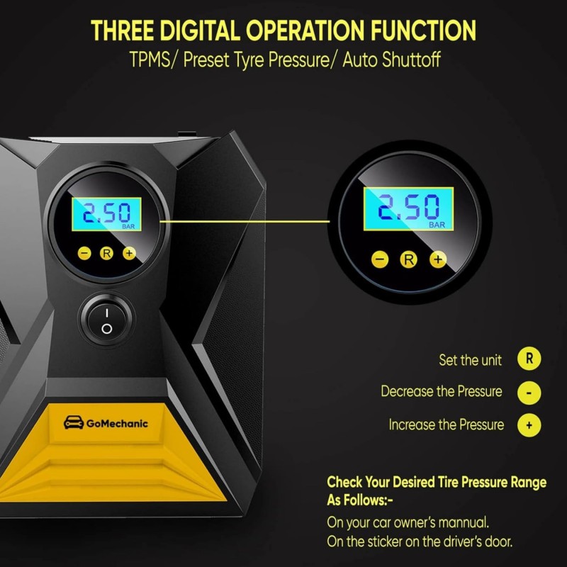 GoMechanic Gusto Digital Tyre Inflator for Cars & Bikes | 150 PSI | 12V DC Portable Air Pump for Tyres with Auto Shut Gusto T10