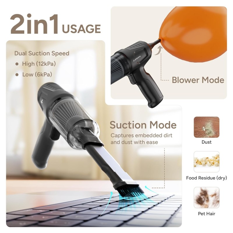 Ambrane 12kPA Powerful Suction 80W Wireless Hand Vacuum & Air Blower 2-in-1 Wireless Vacuum Cleaner MiniVac 02