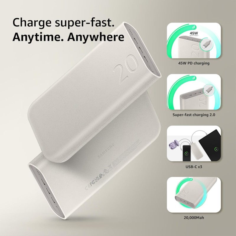 Samsung Galaxy 20000mAh Power Bank, Wired Battery Pack, Gray EB-P4520