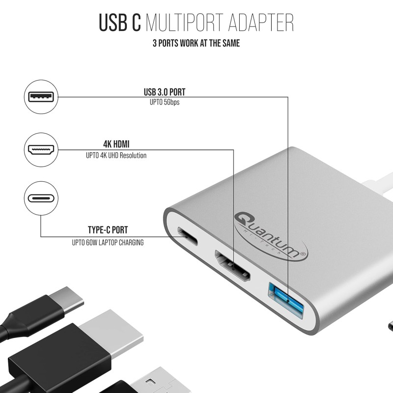 Quantum 3-in-1 USB Type C to Hdmi 4K Adapter, USB 3.0, USB C, Aluminium USB C Hub, High Speed Qhm7622 (Silver)