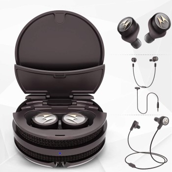 Motorola Tech3 3-in-1 Smart True Wireless Headphones - Cordless Earbuds, Sport Wire, Audio Mocha-Bronze SH055BR