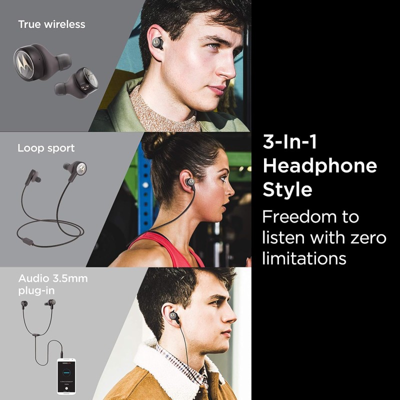 Motorola Tech3 3-in-1 Smart True Wireless Headphones - Cordless Earbuds, Sport Wire, Audio Mocha-Bronze SH055BR
