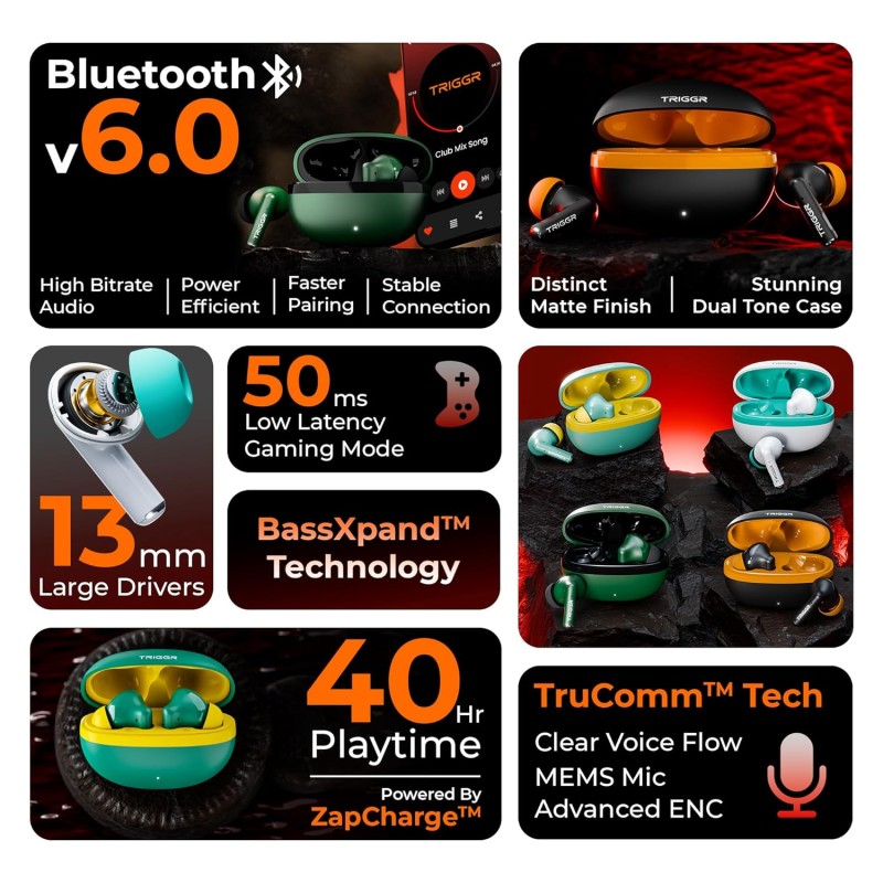 TRIGGR Ultrabuds N5 with Latest BT v6.0, 40Hr Playtime, 13mm Dynamic Drivers, Rich Bass Bluetooth (Smoky Sun, True Wireless)