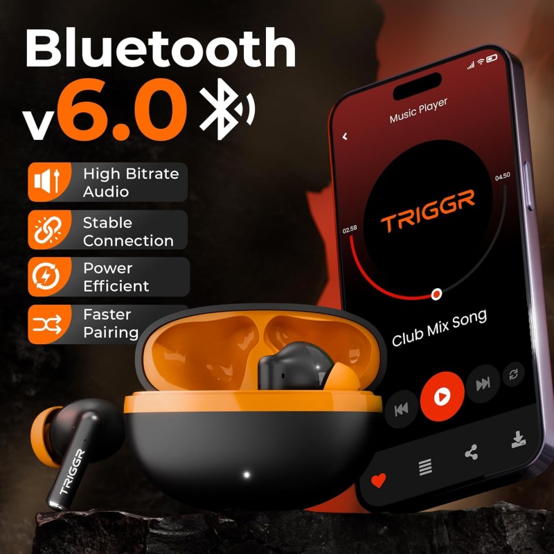 TRIGGR Ultrabuds N5 with Latest BT v6.0, 40Hr Playtime, 13mm Dynamic Drivers, Rich Bass Bluetooth (Smoky Sun, True Wireless)