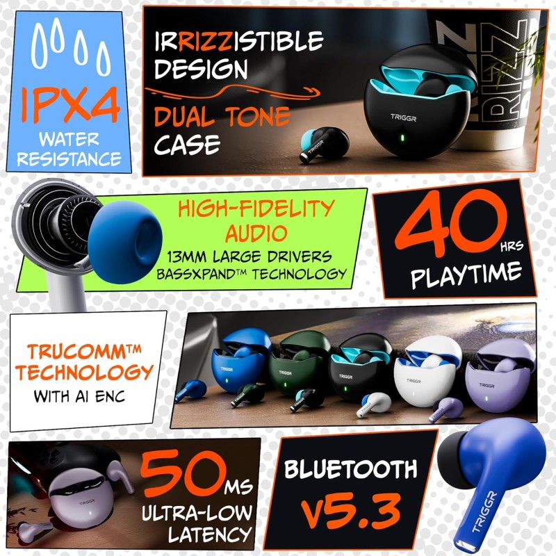 TRIGGR Rizz with 40H Playback, Spherical Design, 13mm Drivers, Rich Bass, Fast Charging Bluetooth (Onyx Lilac, in The Ear)