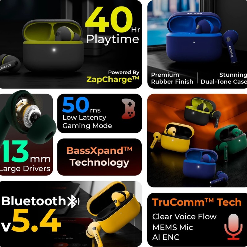 TRIGGR Ultrabuds N4 with Premium Finish, Rubber Grip Design, 40H Battery, 13 mm Drivers Bluetooth Headset