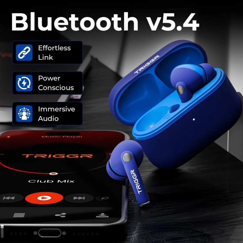 TRIGGR Ultrabuds N4 with Premium Finish, Rubber Grip Design, 40H Battery, 13 mm Drivers Bluetooth Headset