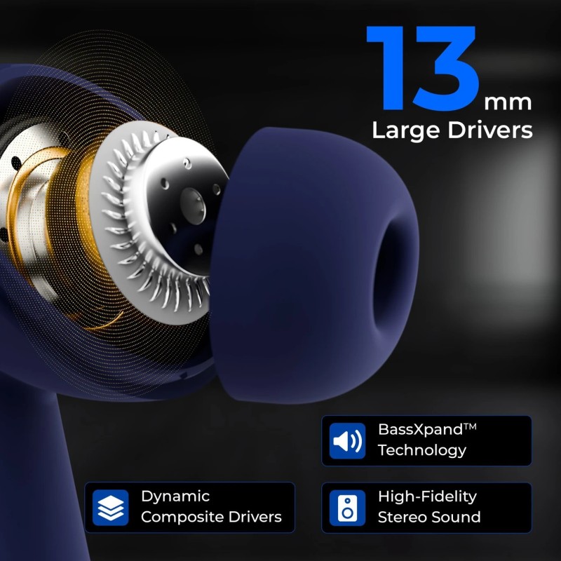 TRIGGR Ultrabuds N4 with Premium Finish, Rubber Grip Design, 40H Battery, 13 mm Drivers Bluetooth Headset