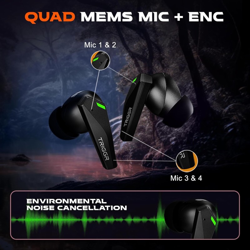 TRIGGR Kraken X1 with Battery Display, 40ms Latency, Quad Mic ENC, 40 Hr Battery, v5.3 Bluetooth Headset (Black, True Wireless)