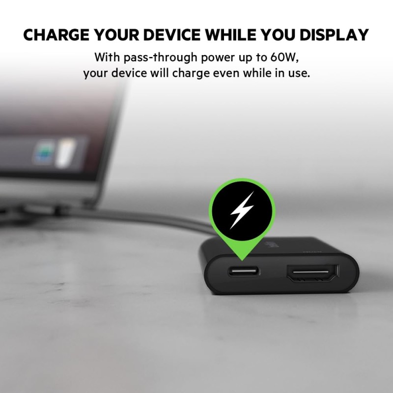 Belkin USB-C to HDMI Adapter + Charge (Supports 4K UHD Video, Pass-Through Power Black AVC002btBK