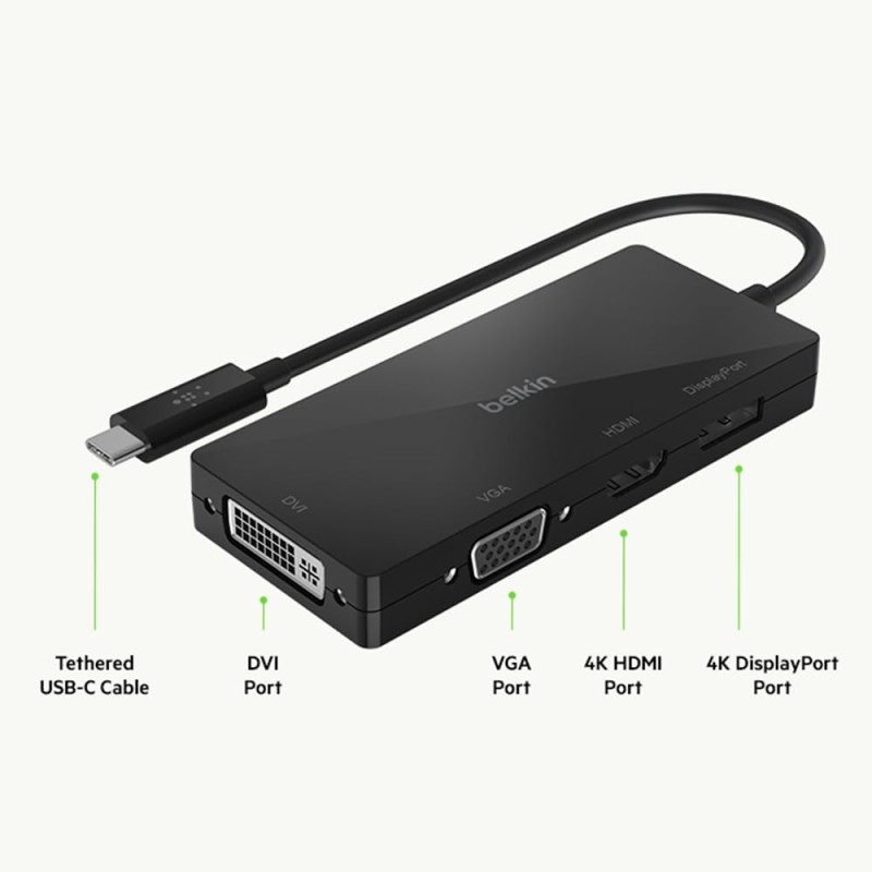 Belkin USB-C Multi Port Display Adapter (with Tethered USB-C Cable) - Connectivity for USB-C to DVI Port, VGA Port, 4K HDMI