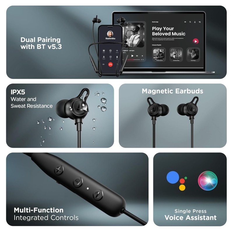 Boat Rockerz 200, 40H Battery, Signature Sound, ENx Tech, Dual Pairing, 60 ms Low Latency (Active Black) PA0023