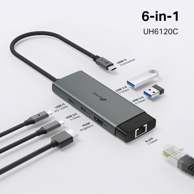 TP-Link USB Type-C 6-Port Hub with a 4K@60Hz HDMI, 1 Gbps ethernet, 1× USB-C Data Ports (UH6120C)