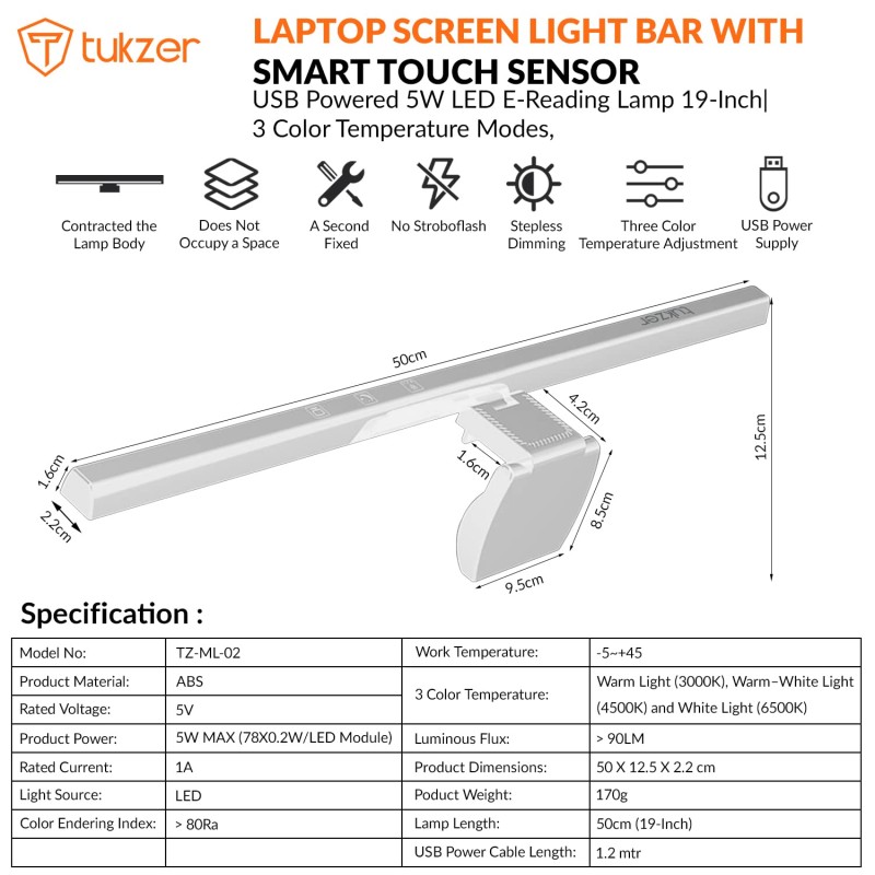 Tukzer 19-Inch Monitor Screen Light Bar with Smart Touch Sensor| USB Powered 5W LED E-Reading Lamp (White) TZ-ML-02