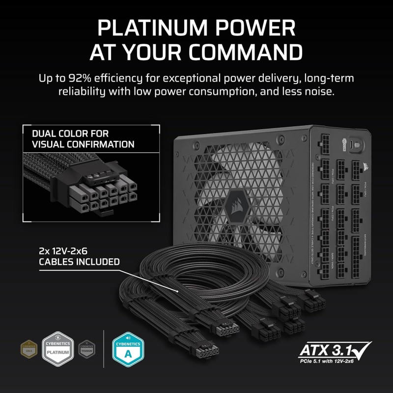CORSAIR HX1200i (2025) Fully Modular Ultra-Low Noise ATX Power Supply with 12V-2x6 Cable Black CP-9020307-NA