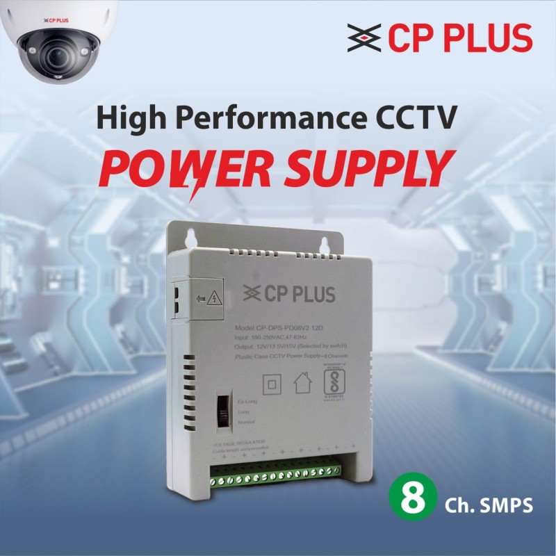 CP PLUS 8-Channel CCTV Power Supply SMPS | 12V 5A High Efficiency Adapter with LED Indicators | EMI Filter CP-DPS-PD08V2-12D