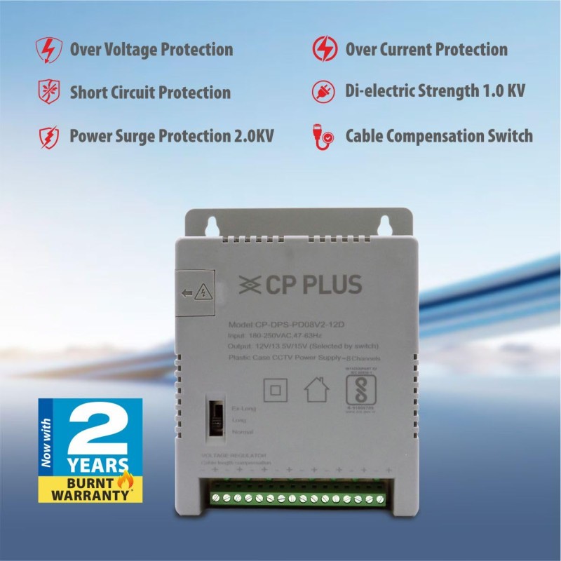 CP PLUS 8-Channel CCTV Power Supply SMPS | 12V 5A High Efficiency Adapter with LED Indicators | EMI Filter CP-DPS-PD08V2-12D